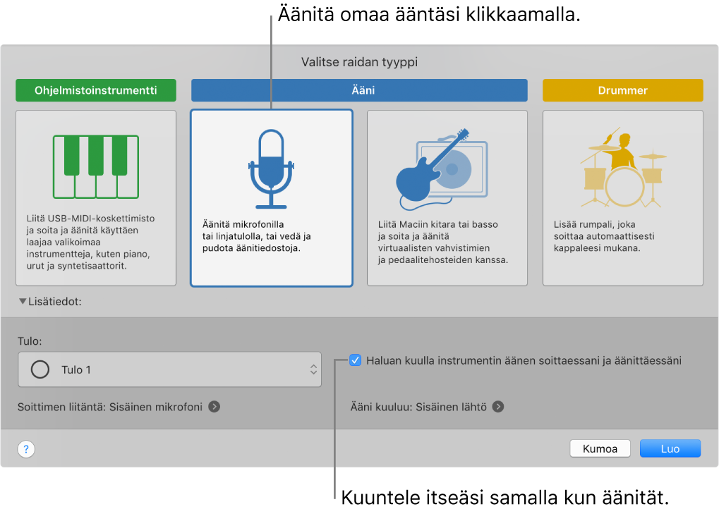 GarageBandin instrumenttipaneeli, jossa näkyy, missä klikata äänen tallentamista varten ja miten kuulet oman äänesi äänityksen aikana.