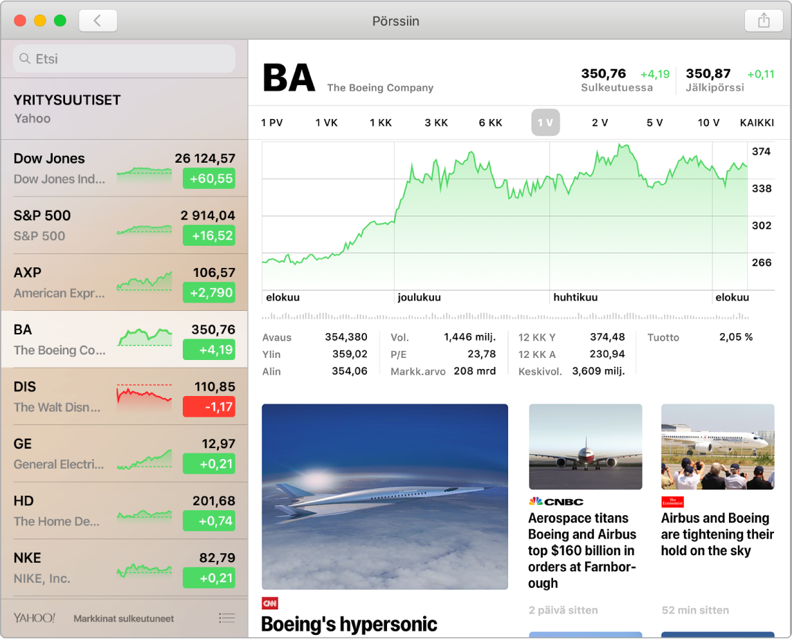 Pörssi-näkymä, jossa näkyy seurantalistassa markkinahintoja sekä aikajanoja ja uutisia.