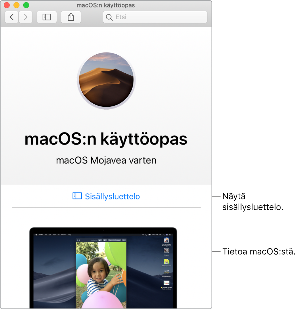 macOS:n käyttöoppaan tervetuloa-sivu, jossa näkyy sisällysluettelon linkki.