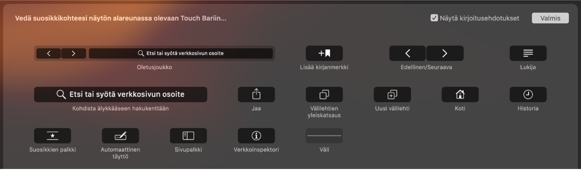 Safarin muokkausvalinnat, joita voidaan vetää Touch Bariin.