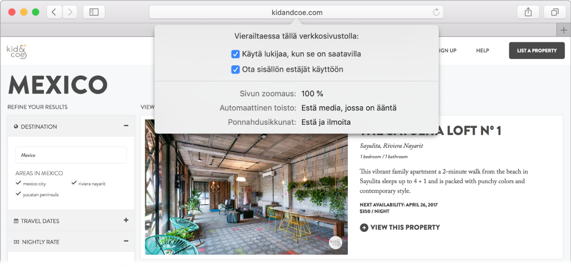 Safari-ikkuna, jossa on verkkosivustojen asetukset, mukaan lukien Käytä Lukijaa, kun se on saatavilla, Ota sisällön estäjät käyttöön, Sivun zoomaus, Automaattinen toisto, Kamera, Mikrofoni ja Sijainti.