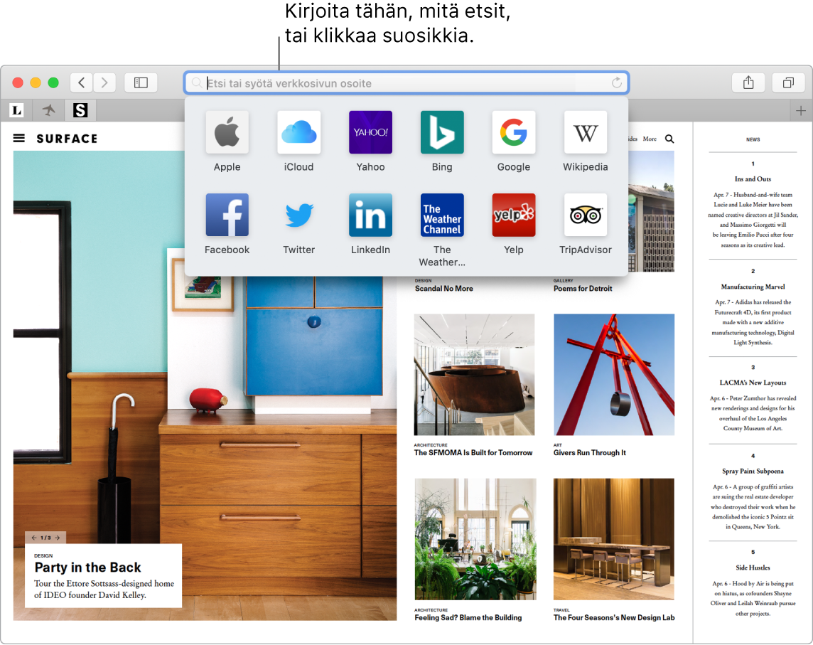 Safari-ikkuna, jossa näkyy Suosikit ja älykäs hakukenttä korostettuna.