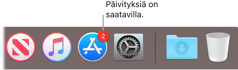 Dockissa on App Store -kuvake, jossa oleva merkki ilmaisee saatavana olevien ohjelmapäivitysten määrän.