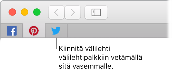 Safari-ikkuna, jossa näytetään, miten välilehti kiinnitetään välilehtipalkkiin.