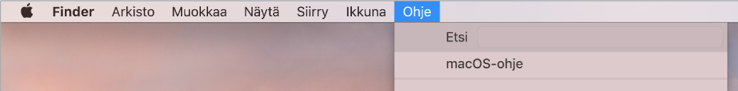 Työpöydän osa, jossa on Ohje-valikko avoinna ja jossa näkyvät Etsi- ja macOS-ohje-valikkokohdat.