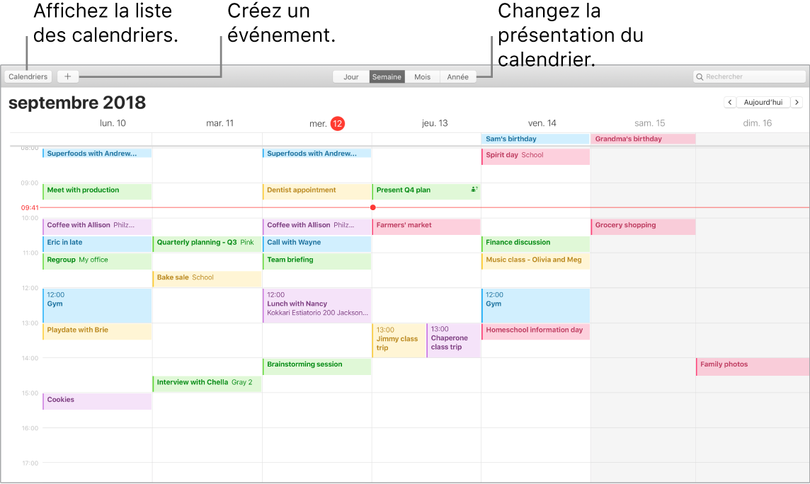 Fenêtre de Calendrier indiquant comment créer un événement, obtenir la liste des événements et choisir une présentation par jour, par semaine, par mois ou par année.
