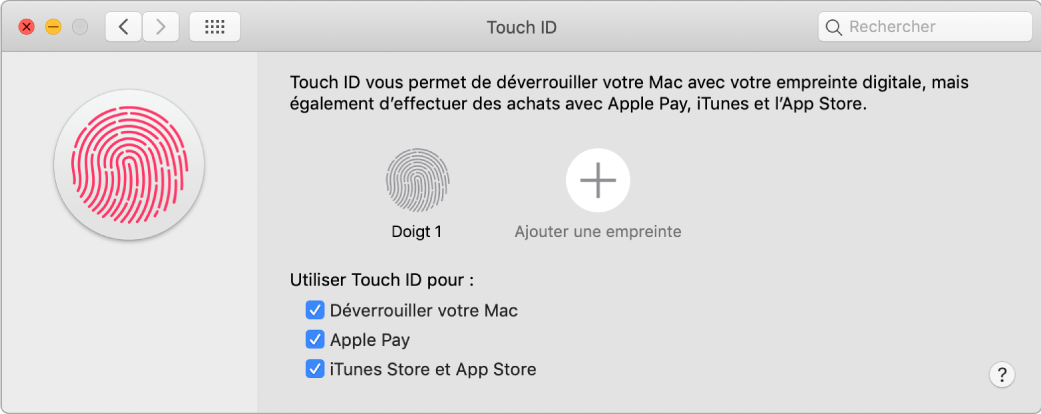 Fenêtre des préférences Touch ID avec des options permettant d’ajouter une empreinte et d’utiliser Touch ID pour déverrouiller un Mac, utiliser Apple Pay et effectuer des achats dans l’iTunes Store, l’App Store et l’Apple Books.