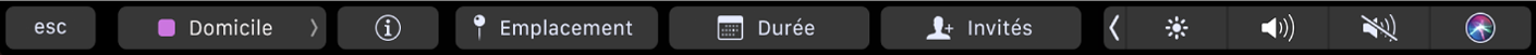 Touch Bar de Calendrier avec des boutons pour choisir des calendriers, voir les détails de l’événement, modifier l’heure ou le lieu et ajouter des invités.