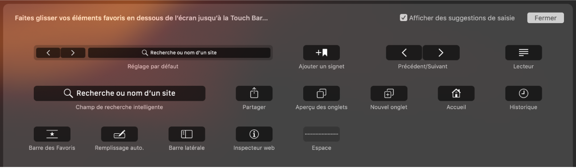 Options Personnaliser Safari pouvant être glissées dans la Touch Bar.
