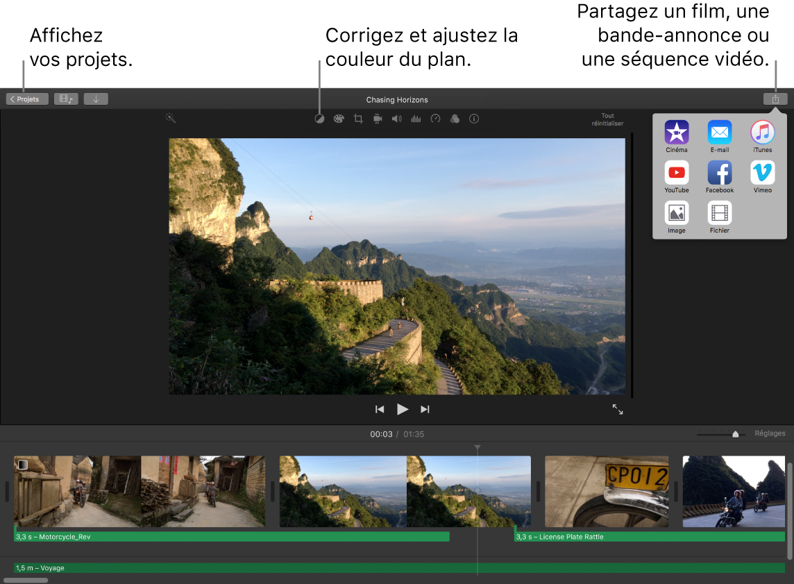 Fenêtre d’iMovie présentant les boutons pour afficher des projets, corriger et ajuster les couleurs, et partager votre film, votre bande-annonce ou votre vidéo.