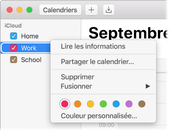 Menu contextuel Calendrier avec ses options pour la personnalisation de la couleur d’un calendrier.