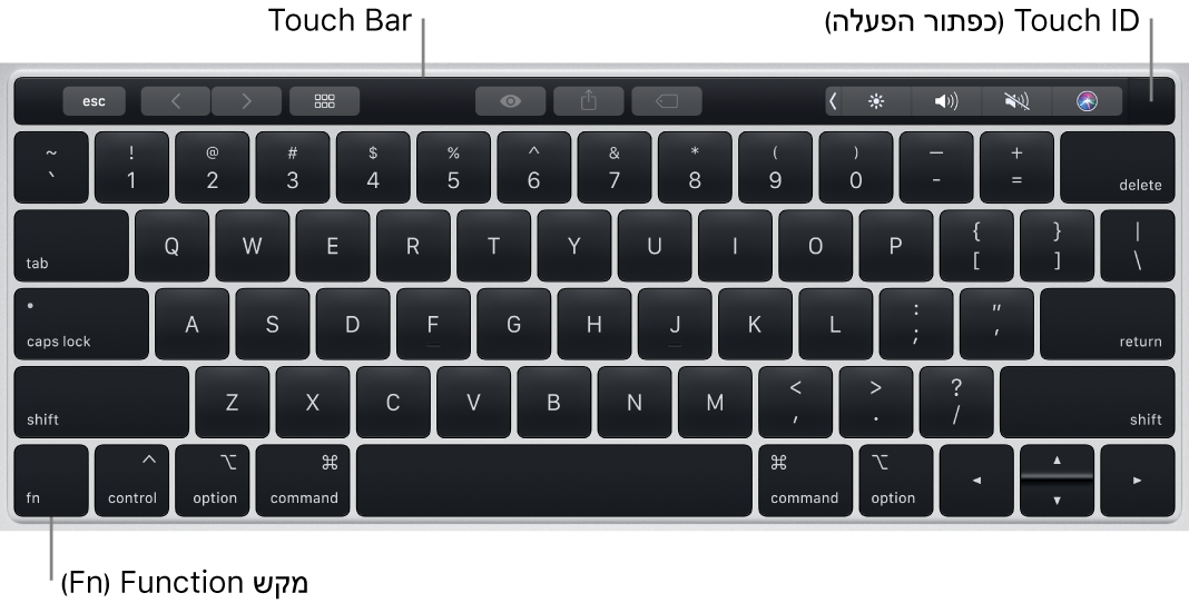 המקלדת של ה‑MacBook Pro מציגה את ה‑Touch Bar, את ה‑Touch ID (כפתור ההפעלה), ואת מקש הפונקציה Fn משמאל למטה.