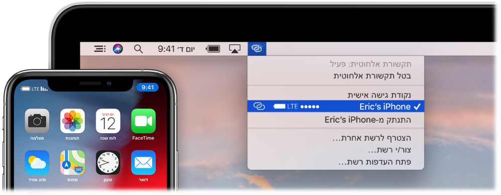 מסך ה‑Mac עם תפריט הרשת האלחוטית המציג נקודת גישה אישית המחוברת ל‑iPhone.