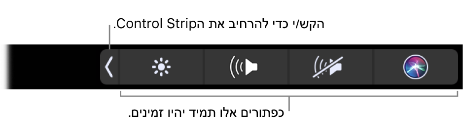 מסך חלקי של ה‑Touch Bar שמהווה ברירת-מחדל, המציג את ה‑Control Strip בפריסה מכווצת. הקש/י על כפתור ההרחבה כדי להציג את ה‑Control Strip בפריסה המלאה.