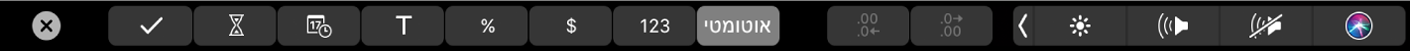 ה‑Touch Bar של Numbers עם כפתורי עיצוב מוצגים. הכפתורים כוללים מטבע, אחוז, מספרים, מלל, תאריך, משך זמן ורשימה.