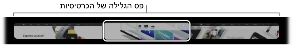 מנקה הכרטיסיות ב‑Touch Bar של Safari. הוא מציג תצוגה מקדימה קטנה של כל אחת מהכרטיסיות הפתוחות.