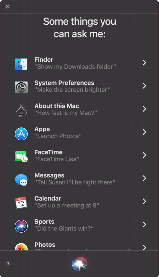 Prozor Siri s naslovom “Some things you can ask me” s primjerima upita za Siri, kao što je “Did the Giants win?”