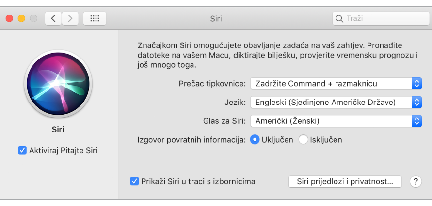 Prozor s postavkama za Siri s odabranom opcijom Aktiviraj Pitajte Siri slijeva i nekoliko opcija za podešavanje Siri zdesna.