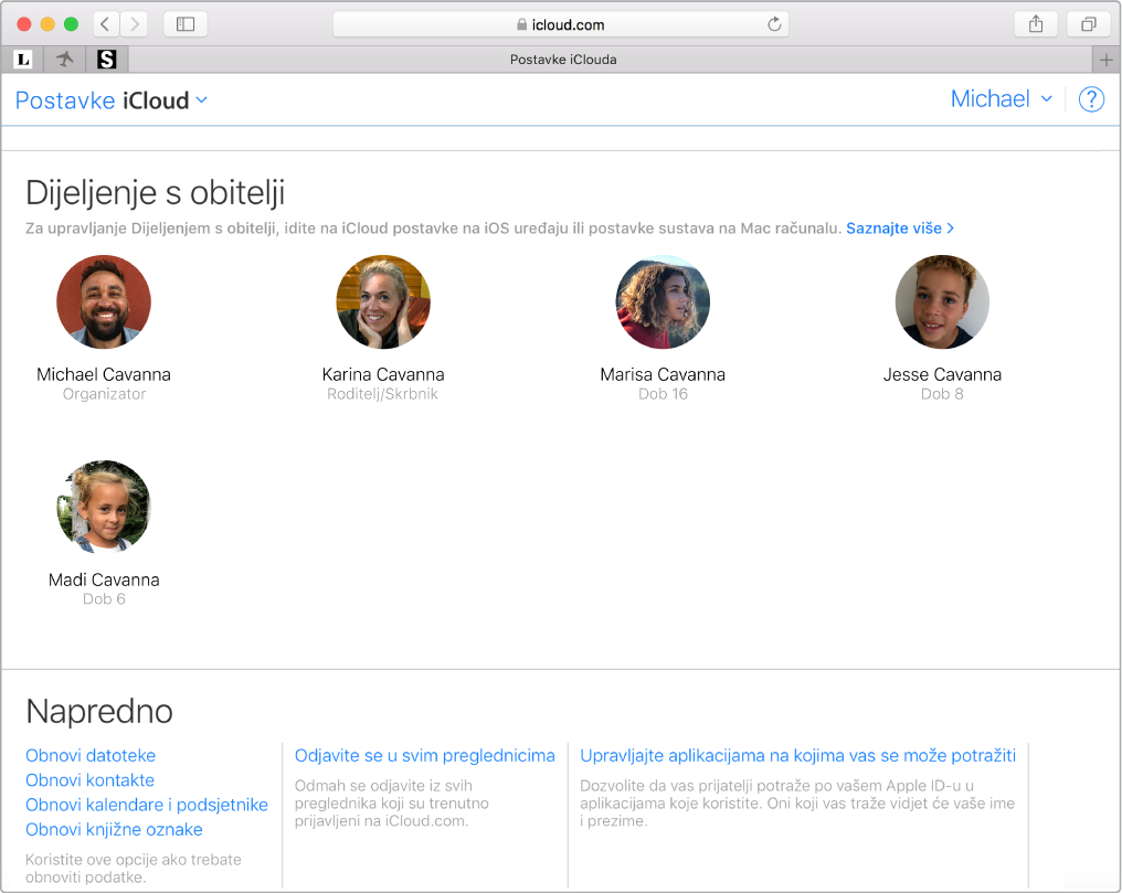 Prozor aplikacije Safari prikazuje postavke Dijeljenje s obitelji na iCloud.com.