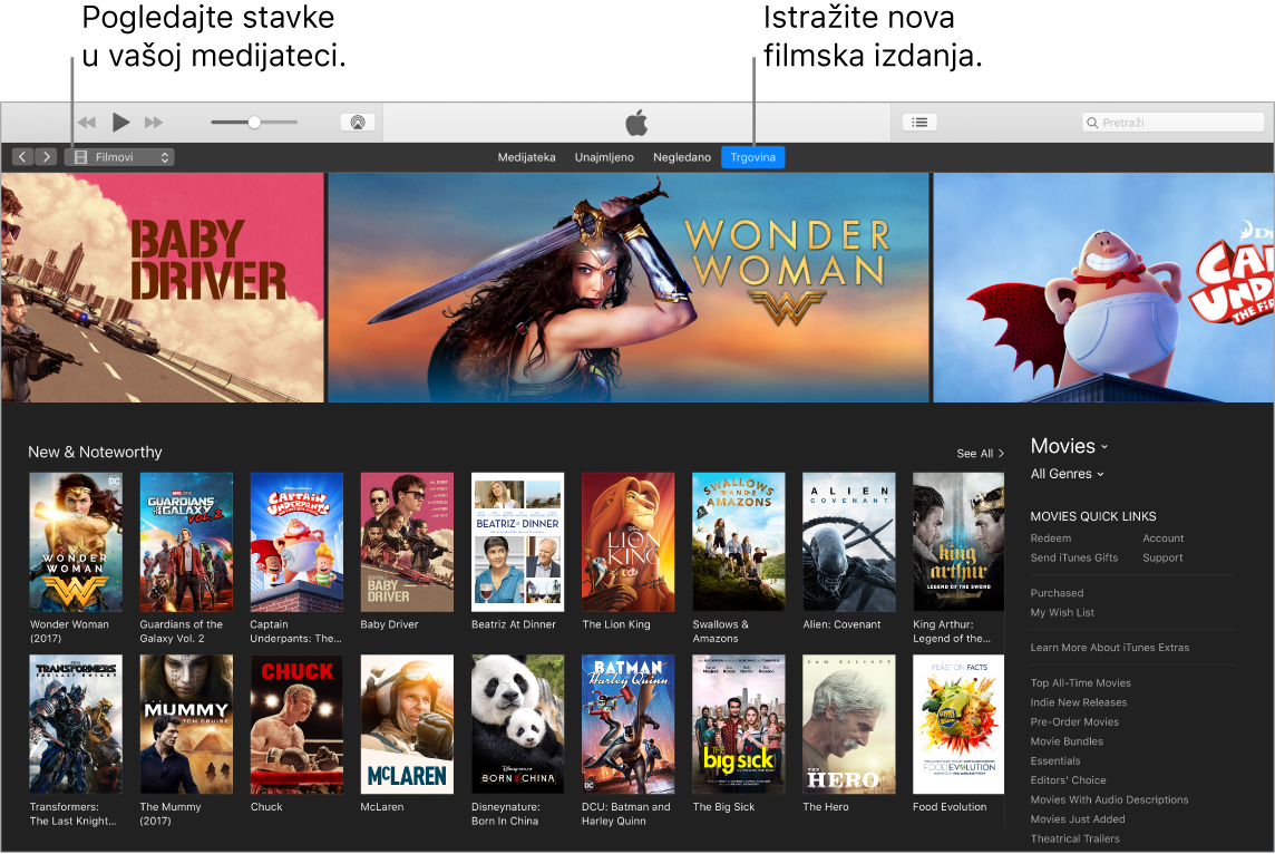 Prozor iTunes prikazuje načine prikaza medijateke, pretplatu na Apple Music i pregledavanje novih izdanja.