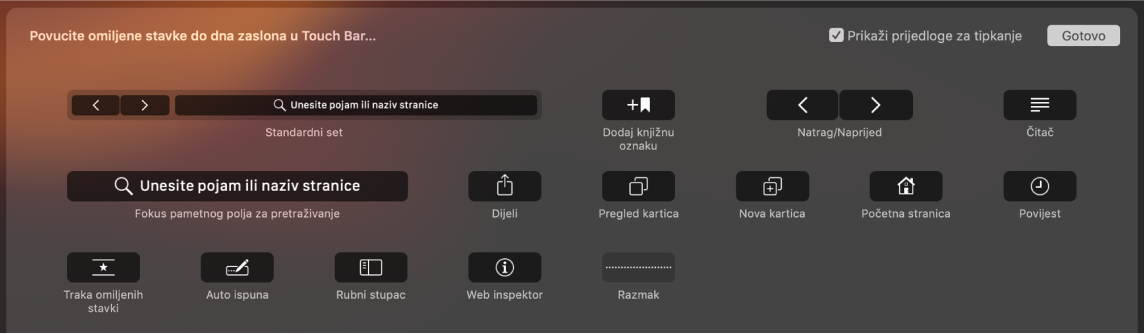 Opcije podešavanja preglednika Safari koje se mogu povući u Touch Bar.