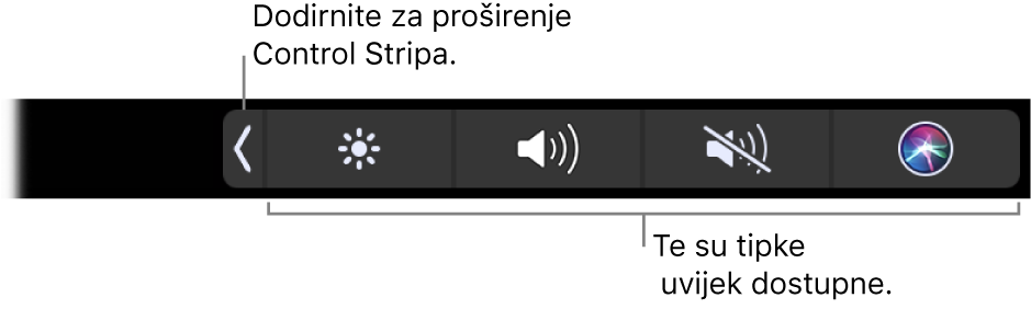 Djelomičan zaslon sažetog Touch Bara prikazuje sažeti Control Strip. Dodirnite tipku za proširenje kako bi se prikazao cijeli Control Strip.