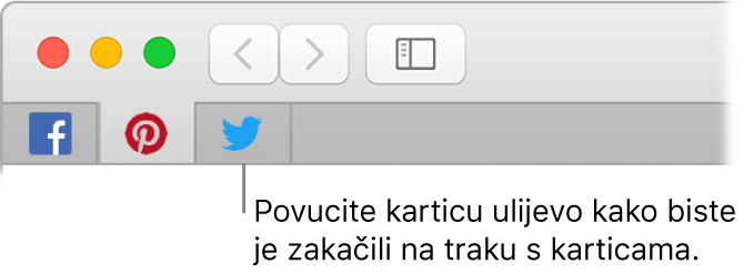 Prozor Safari prikazuje kako iglom označiti karticu u traci s karticama.