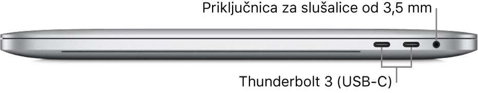 Prikaz desne bočne strane računala MacBook Pro s oblačićima za Thunderbolt 3 (USB-C) priključnice i priključnicu za slušalice od 3,5 mm.