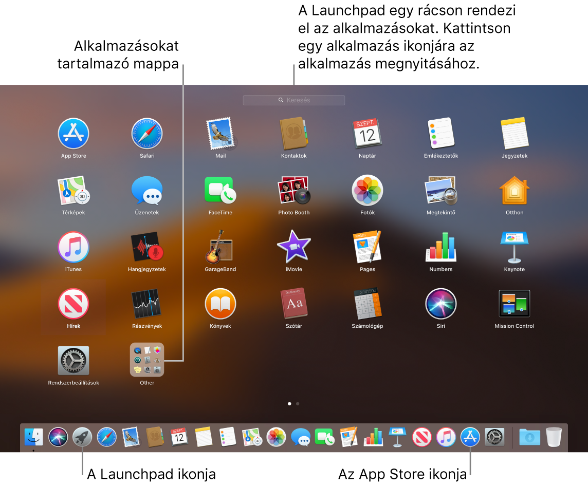 A Mac gép képernyője a megnyitott Launchpad alkalmazással, amelyben az alkalmazások mappája látható, valamint a Launchpad és a Mac App Store ikonjaival a Dock területén.