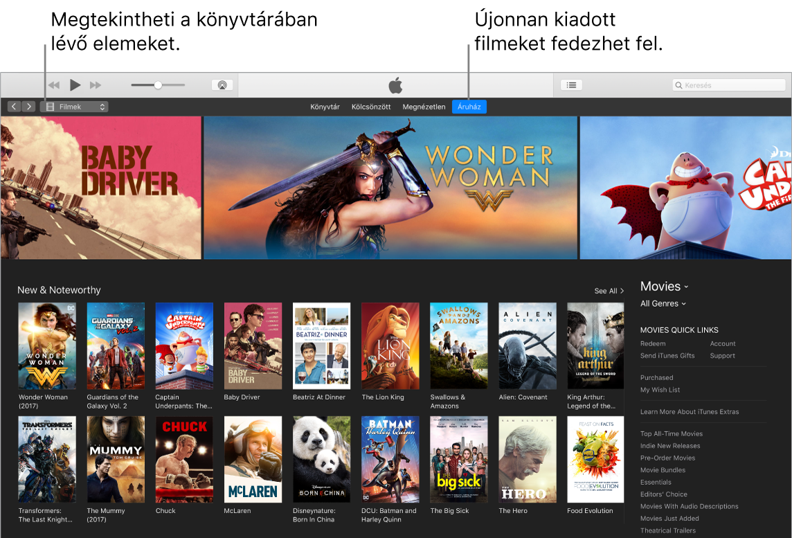 Az iTunes ablaka, amely bemutatja, hogyan tekintheti meg a könyvtárát, hogyan fizethet elő az Apple Musicra, és hogyan böngészhet az új kiadások között.