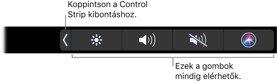 Az alapértelmezett Touch Bar egy részlete, amelyen látható a visszazárt Control Strip. A kibontás gombra koppintva megjelenítheti a teljes Control Stripet.