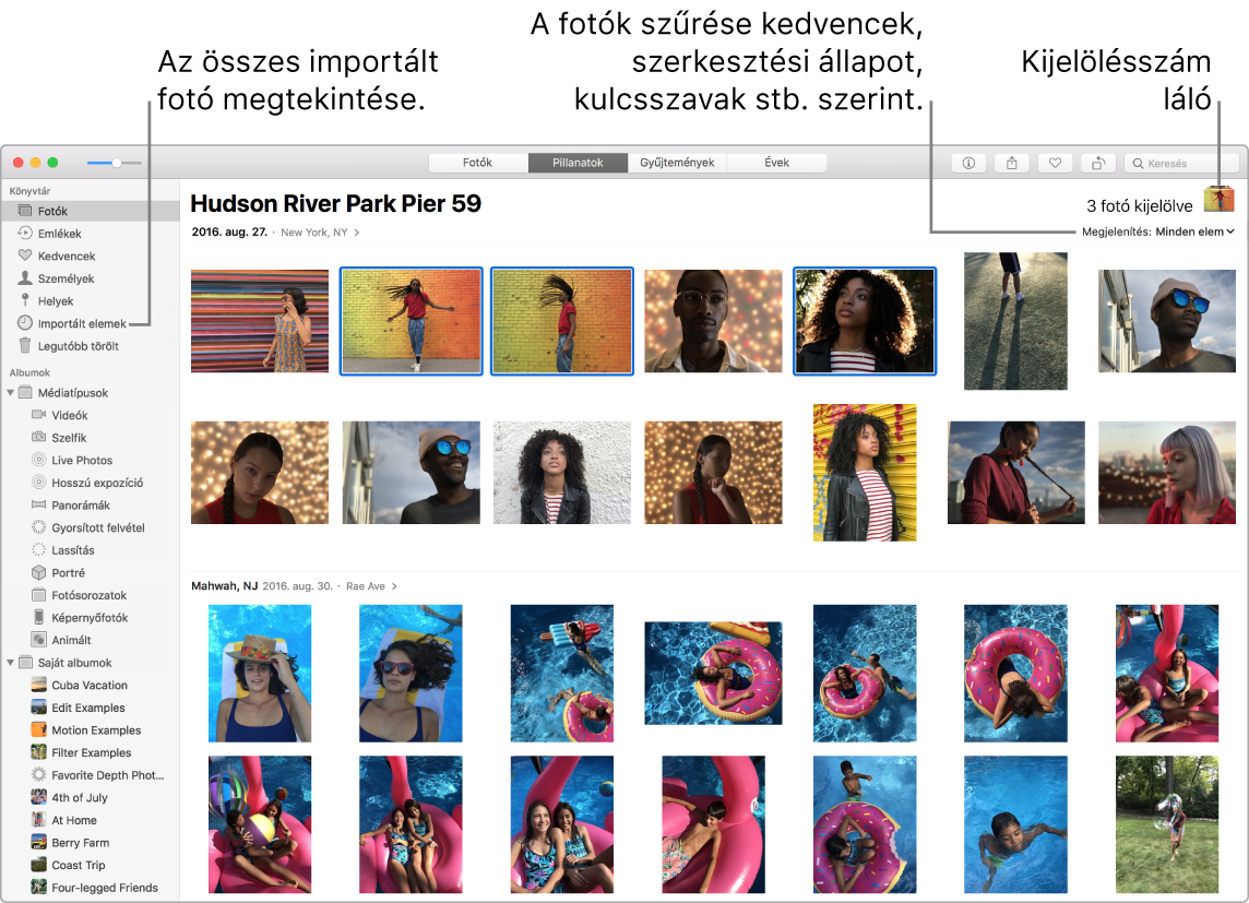 A Fotók ablaka, amelyben több kijelölt fotó látható, ezenkívül az albumban lévő fotók szűrésének módja és az oldalsáv használata is.