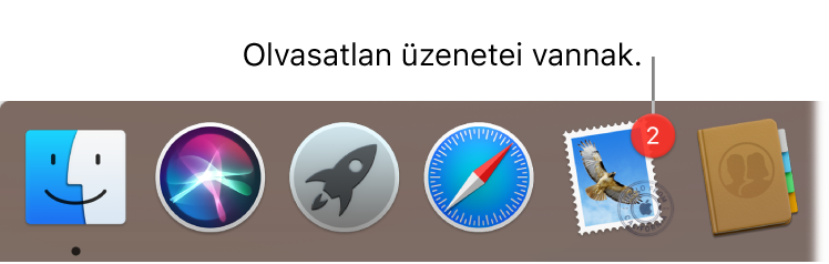 A Dock egy szakasza, amelyen a Mail alkalmazás ikonja látszik, olvasatlan üzeneteket jelölő jelvénnyel.