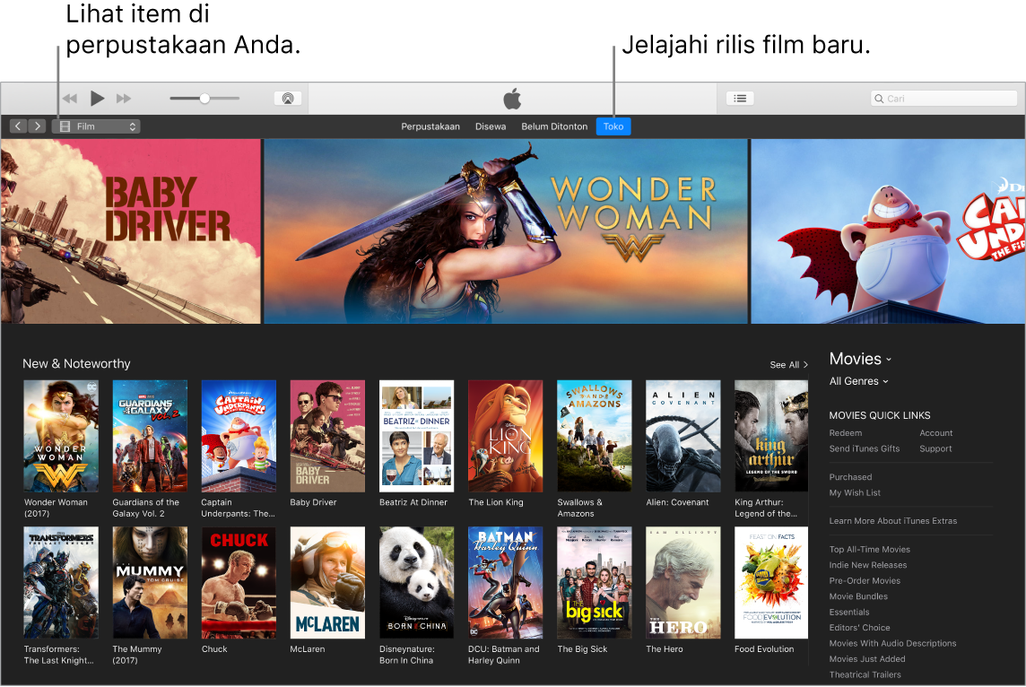 Jendela iTunes menampilkan cara untuk melihat perpustakaan Anda, berlangganan Apple Music, dan menelusuri rilis baru.