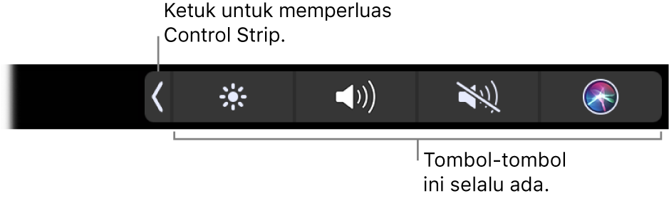 Sebagian layar Touch Bar default, menampilkan Control Strip yang diringkas. Ketuk tombol perluas untuk menampilkan Control Strip penuh.