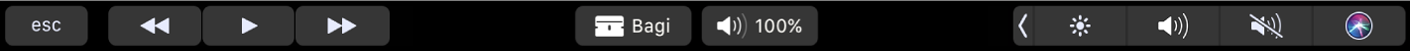 Touch Bar iMovie saat klip sedang diputar. Terdapat tombol untuk putar balik, putar, percepat maju, bagi, dan volume.