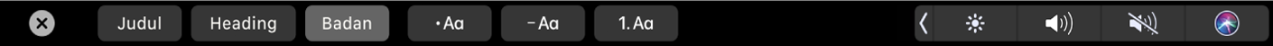 Touch Bar Catatan dengan tombol untuk gaya paragraf, termasuk Judul, Heading, dan Isi, serta tombol untuk pilihan daftar, termasuk poin, tanda hubung, dan angka.
