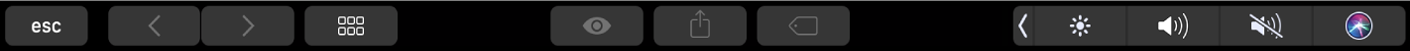Touch Bar Finder dengan tombol untuk mengubah tampilan, mempratinjau, membagikan, dan menambahkan label.