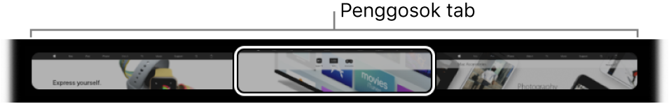 Penggosok tab di Touch Bar Safari. Menampilkan pratinjau kecil dari setiap tab yang dibuka.