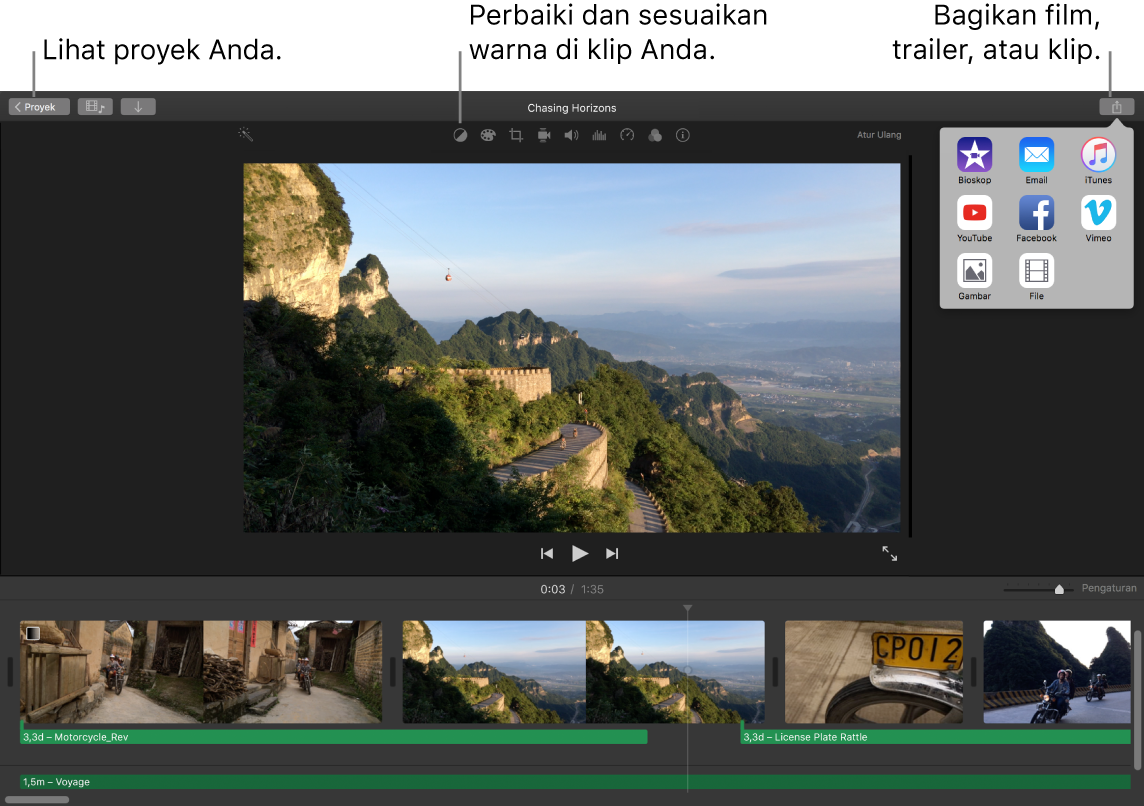Jendela iMovie menampilkan tombol untuk melihat proyek, mengoreksi dan menyesuaikan warna, serta membagikan film, trailer, atau klip film Anda.
