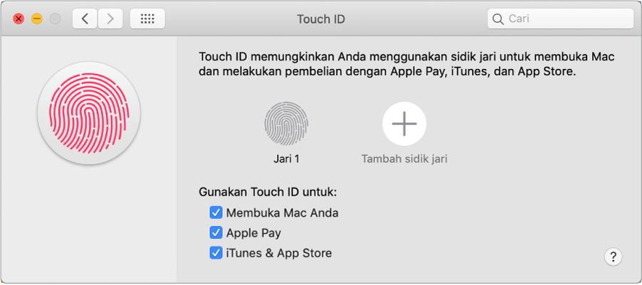 Jendela preferensi Touch ID dengan pilihan untuk menambahkan sidik jari dan menggunakan Touch ID untuk membuka Mac Anda, menggunakan Apple Pay, dan membeli dari iTunes Store, App Store, dan Apple Books.