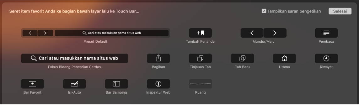 Pilihan Sesuaikan Safari yang dapat diseret ke Touch Bar.