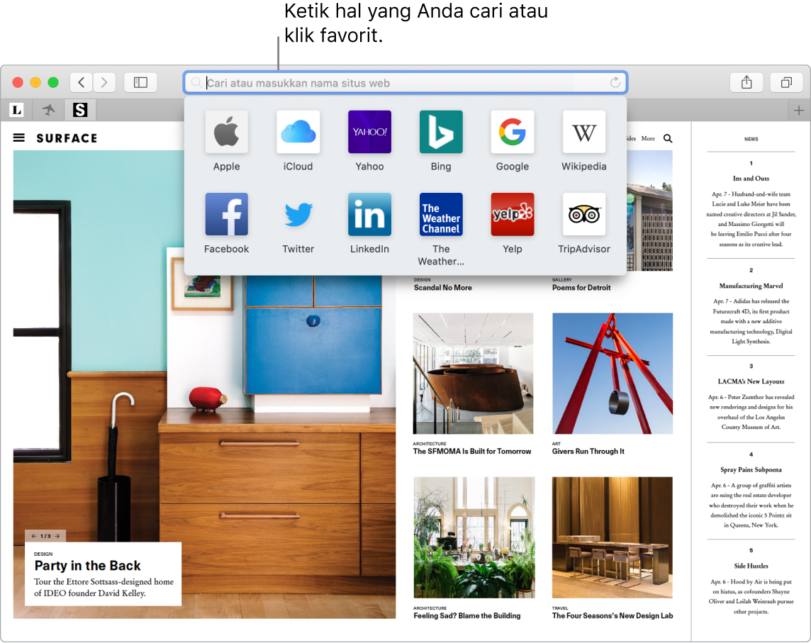 Jendela Safari dengan tampilan Favorit ditampilkan dan bidang Pencarian Cerdas disorot.
