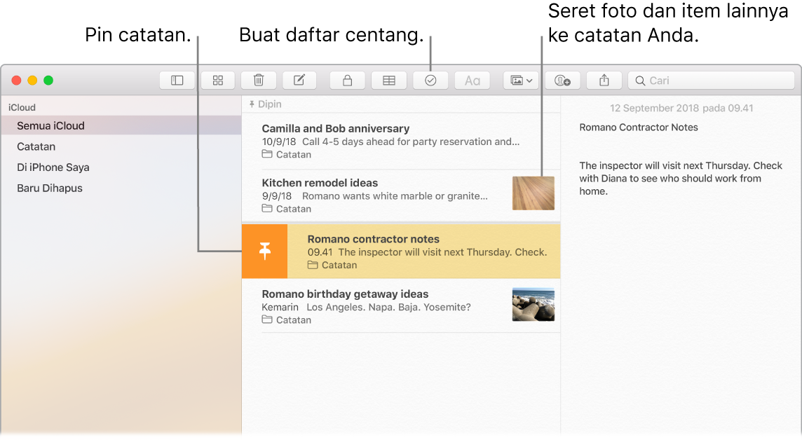 Jendela Catatan menampilkan tombol daftar centang dan cara untuk menyeret foto ke dalam catatan.