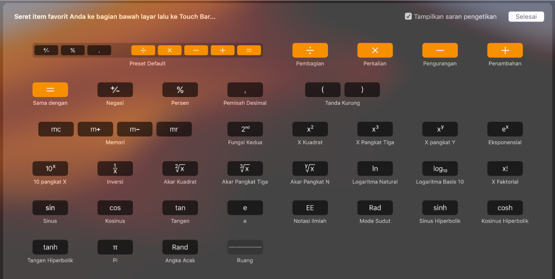 Item yang dapat Anda sesuaikan di Touch Bar Kalkulator dengan menyeretnya ke Touch Bar.