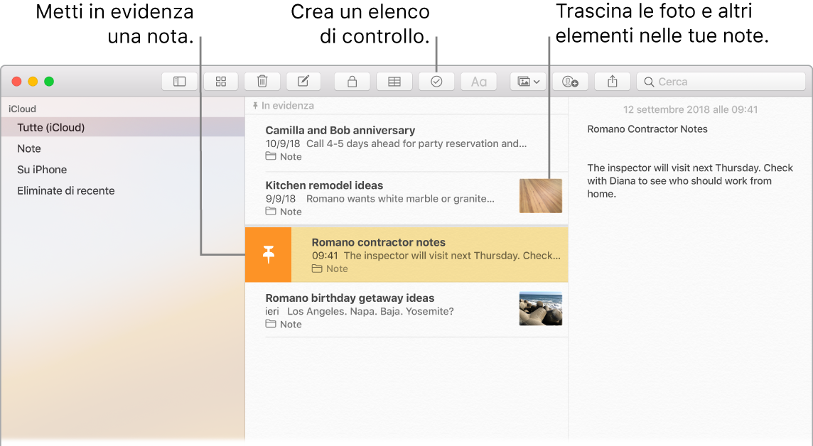 Finestra di Note in cui sono evidenziati i pulsanti “Elenco di controllo” e viene mostrato come trascinare una foto in una nota.