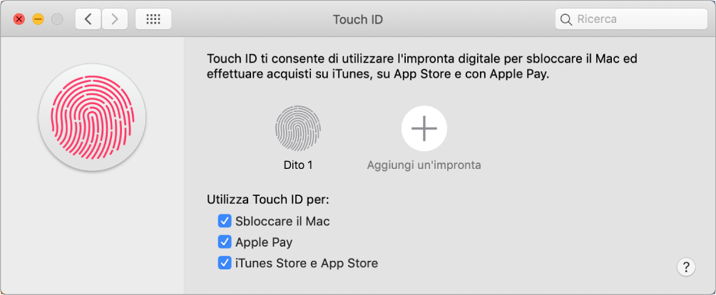 La finestra delle preferenze di Touch ID con le opzioni per l'aggiunta di impronte digitali e per usare Touch ID per sbloccare il Mac, utilizzare Apple Pay e acquistare da iTunes Store, App Store e Apple Books.