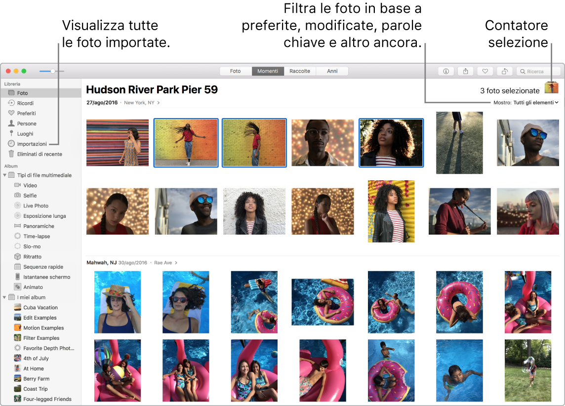 Finestra di Foto che mostra più foto contemporaneamente e come filtrare le foto negli album o utilizzare la barra laterale.