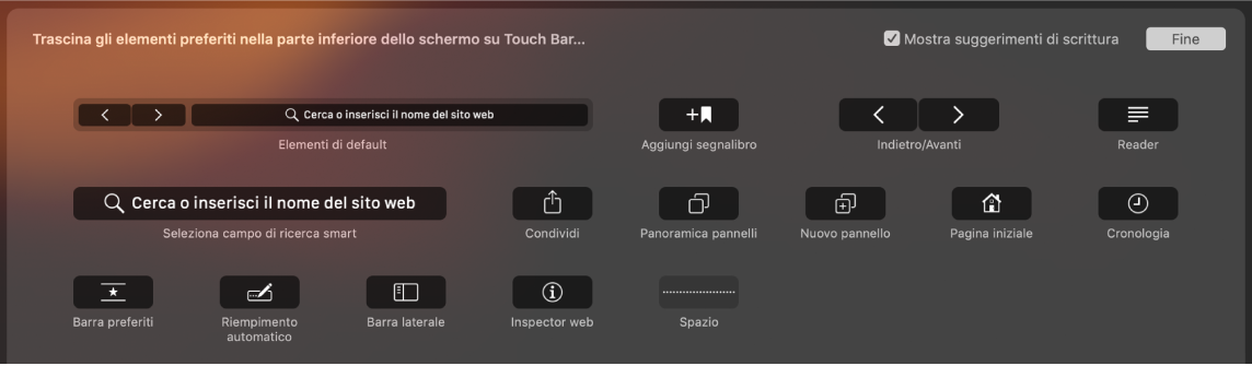 Le opzioni di personalizzazione in Safari che possono essere trascinate nella Touch Bar.