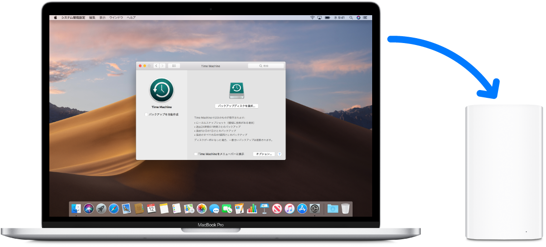 MacBook Proの画面。Time Machineバックアップウインドウが表示されていますMacBook ProはワイヤレスでAirMacTime Capsuleに接続されています。